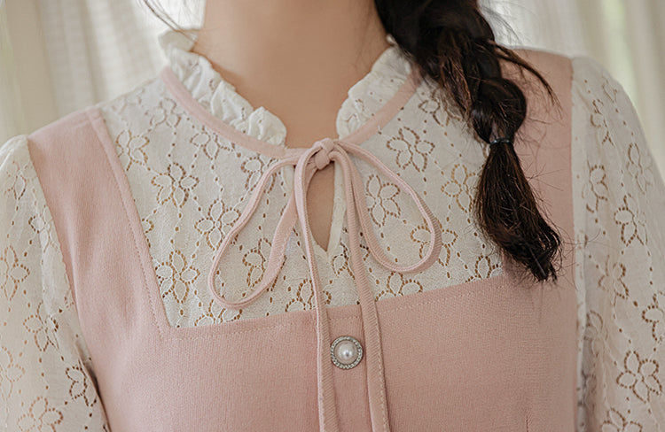 Floral Lace Twofer Midi Dress (Pink/White)