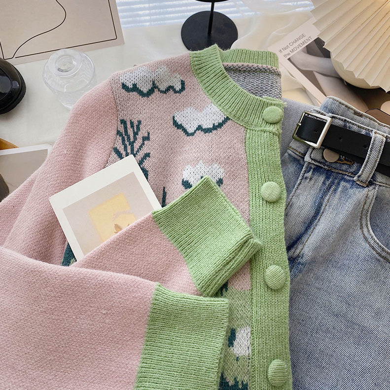 Country Sheep Cardigan (Pink/Green)