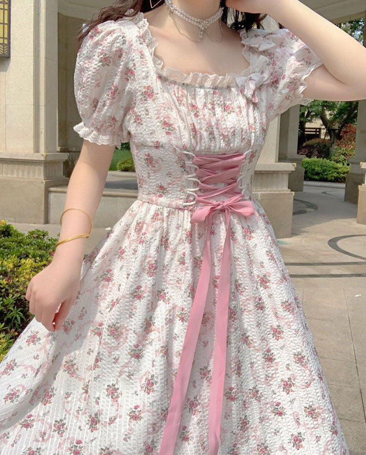 Spring Fling Lace Up Floral Dress (White/Pink)