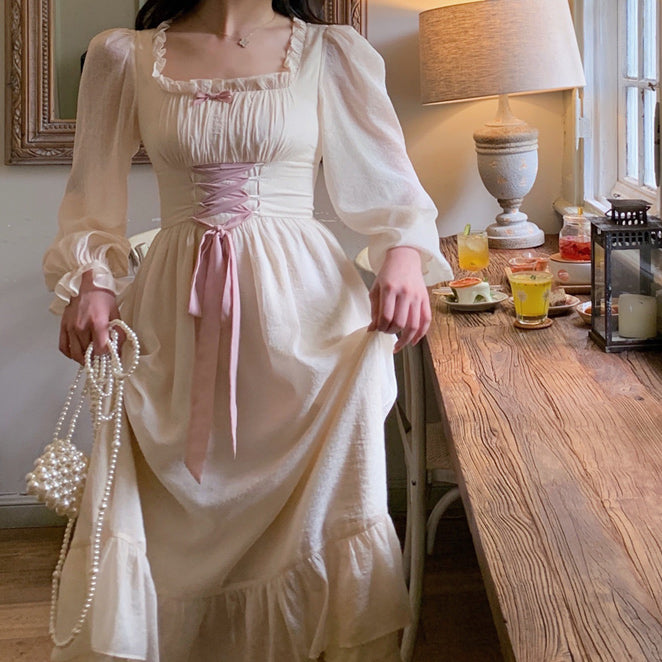 Meadow Corset Midi Dress (White/Pink)