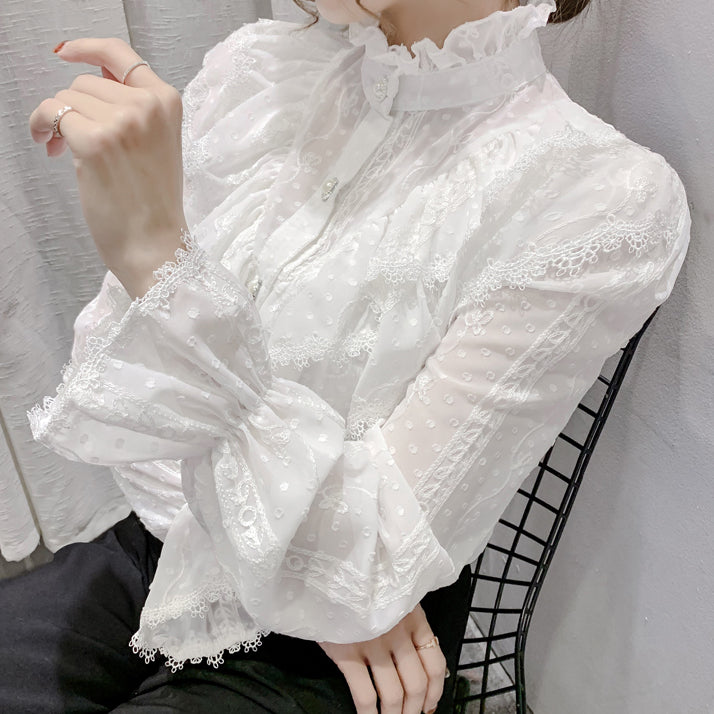 Ruffle Lace High Neck Button Up Shirt (2 Colors)
