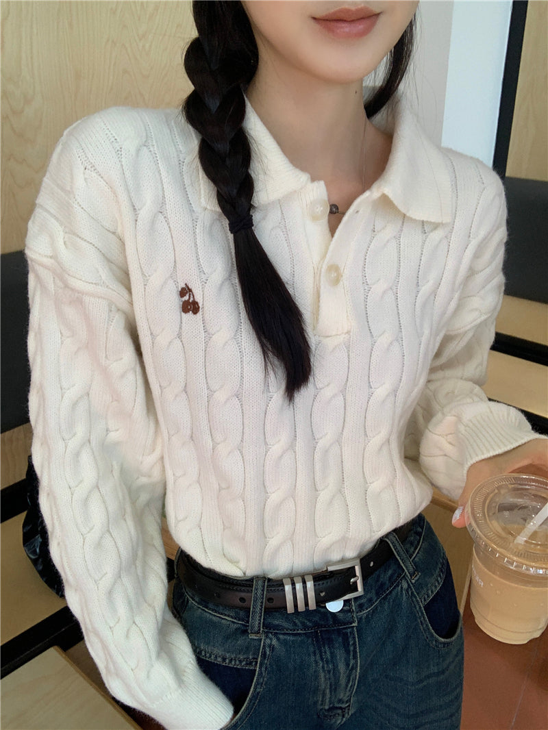 Cherry Polo Cable Knit Sweater (2 Colors)