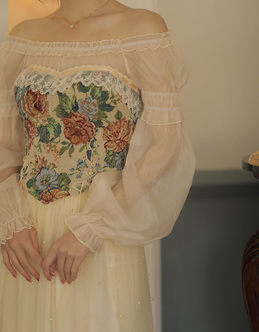 Rustic Floral Jacquard Corset (Beige)