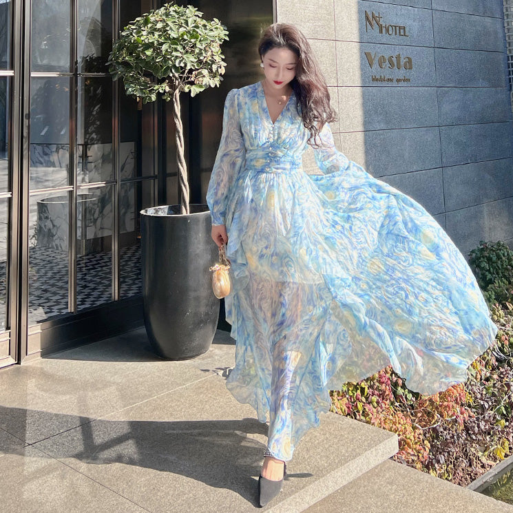 Starry Nights Ruffle Maxi Dress (Blue)