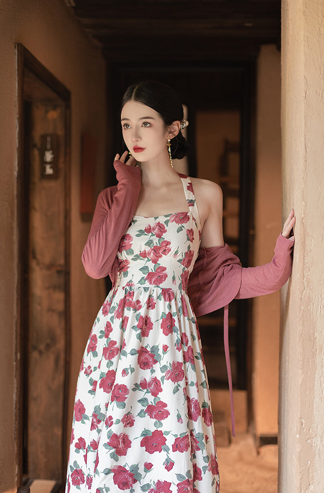 Retro Rose Midi Dress (White/Red)