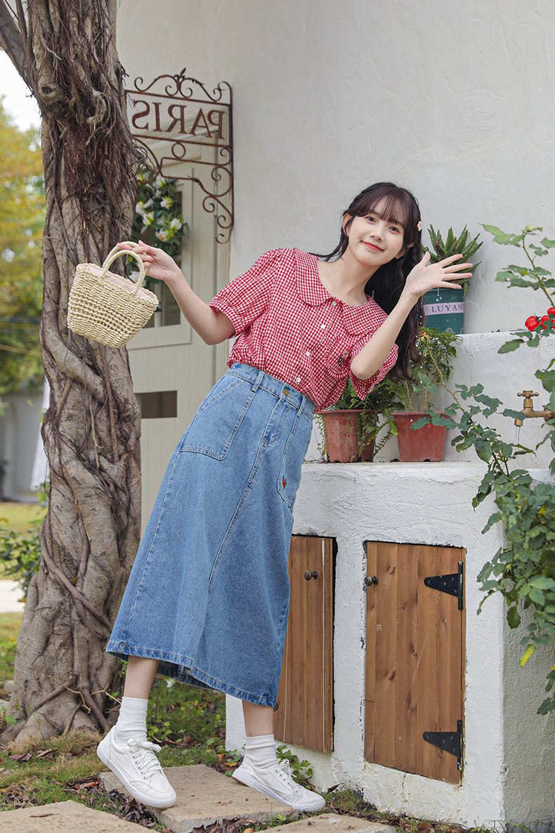 Daisy Pocket Gingham Blouse (Red)