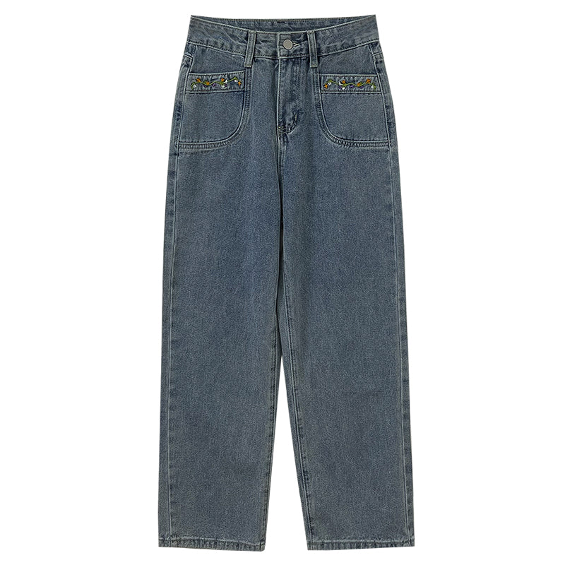 Embroidered Flower Vines Jeans (Light Denim)