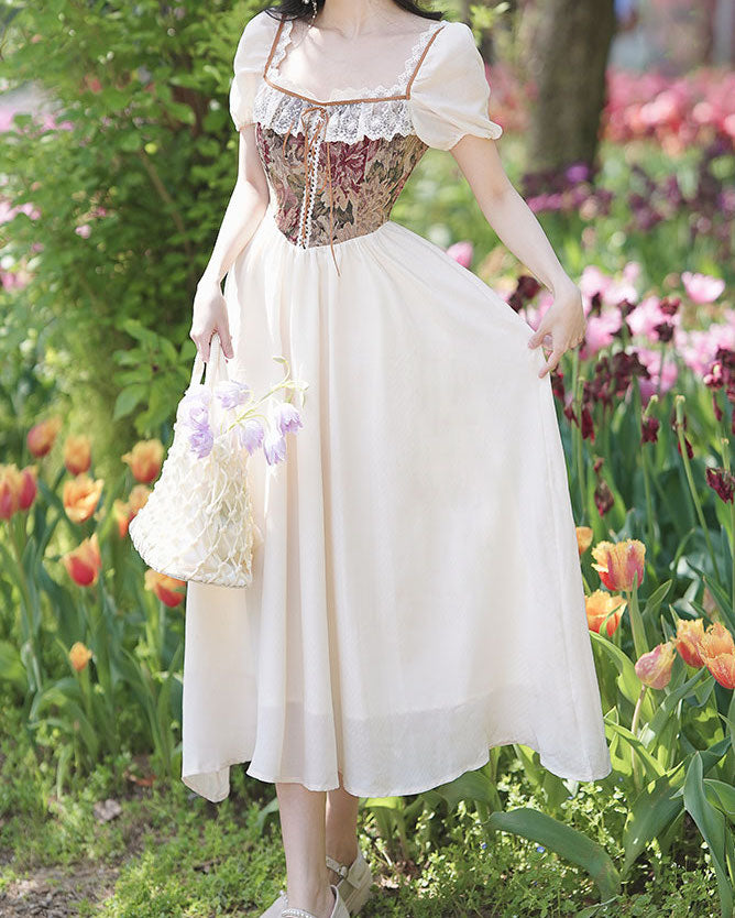 Rustic Floral Countryside Midi Dress (Cream)