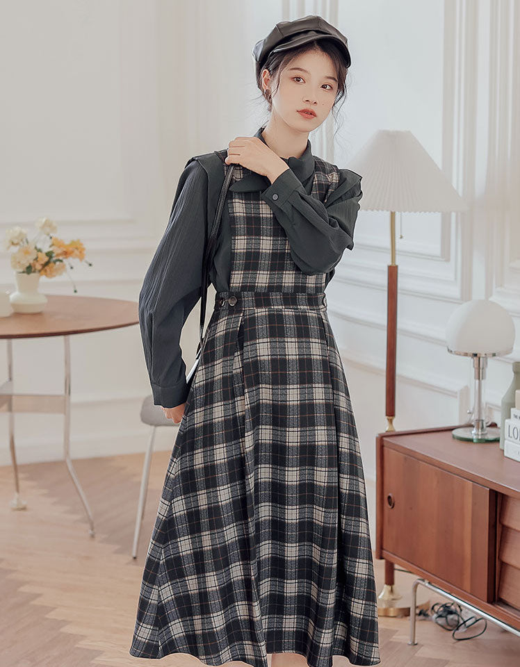 Crepe Plaid Pinafore Dress Set (2 Colors)