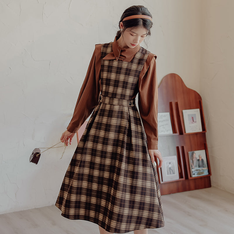Crepe Plaid Pinafore Dress Set (2 Colors)