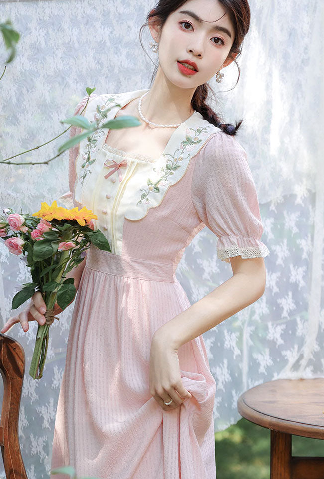 Sweet Floral Embroidered Midi Dress (Pink)