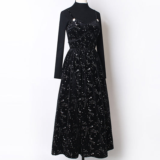 Starry Velvet Cami Midi Dress (Black)