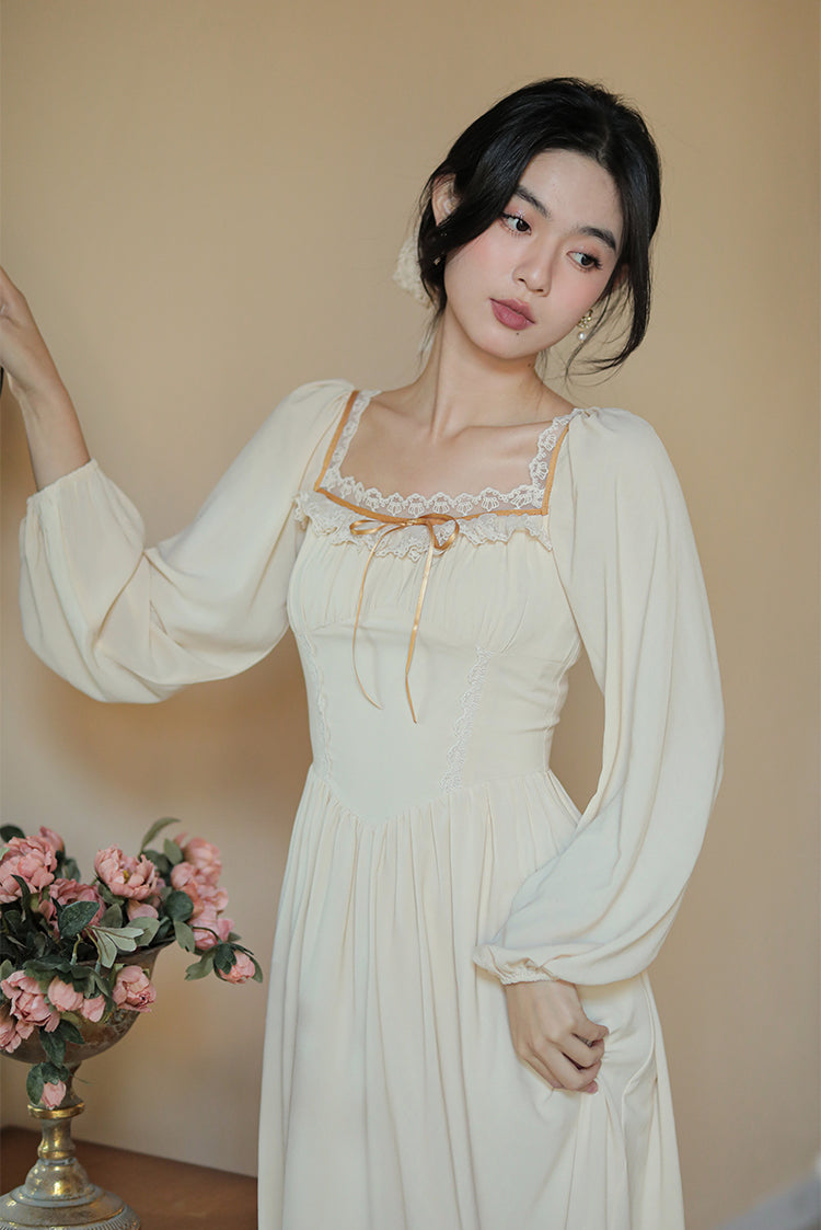 Basic Lace Square Neck Midi Dress (Cream)