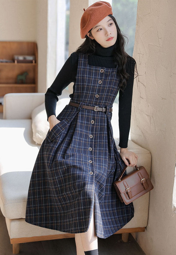 Button Up Plaid Pinafore Dress (2 Colors)