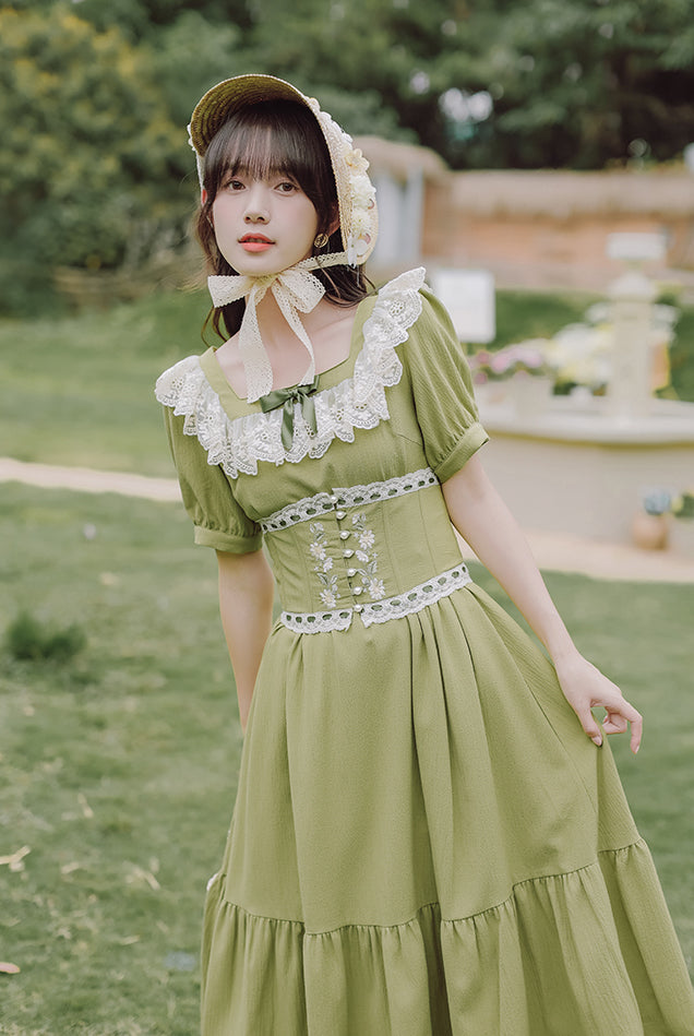 Matcha Daisy Corset Midi Dress (Green)