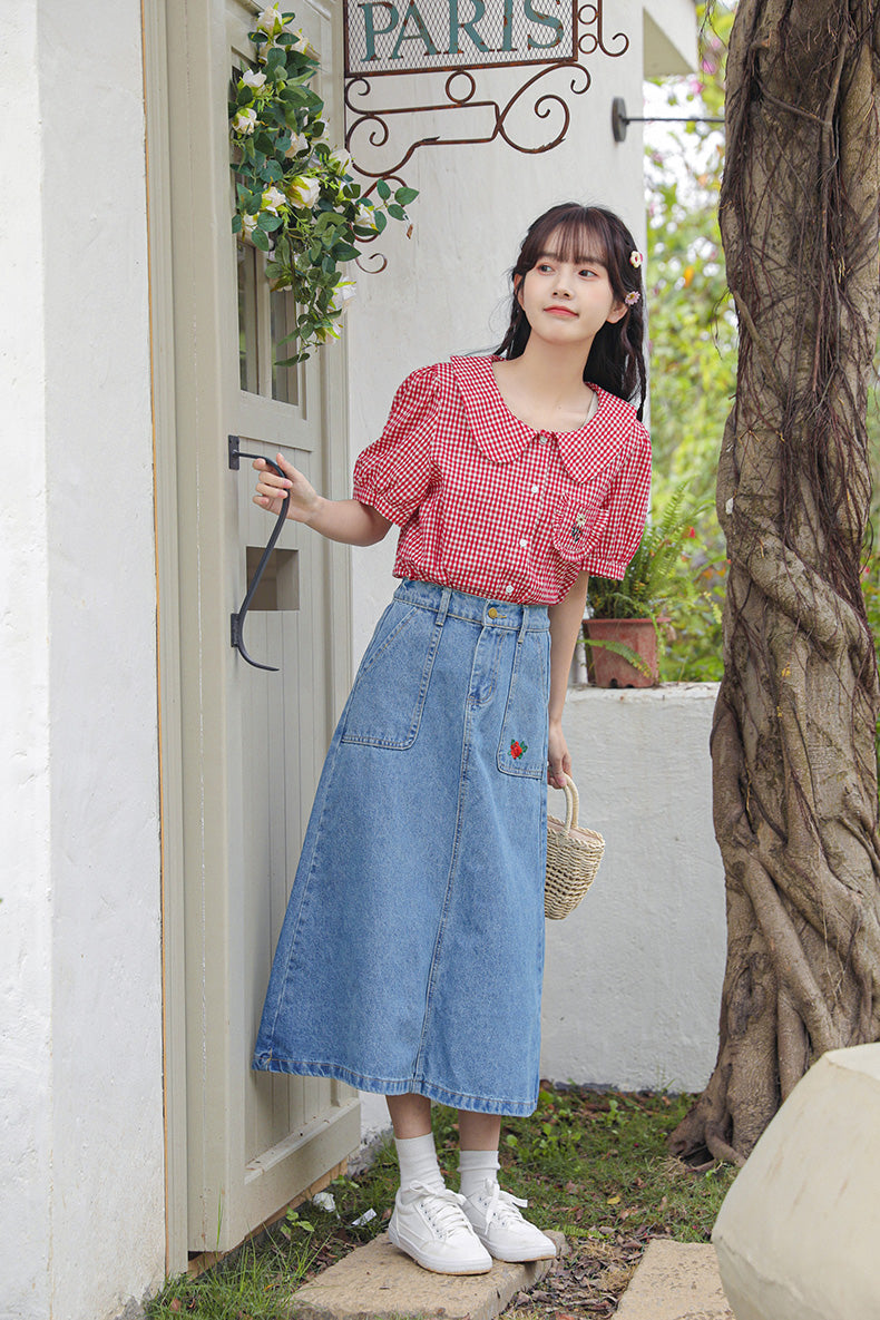 Daisy Pocket Gingham Blouse (Red)