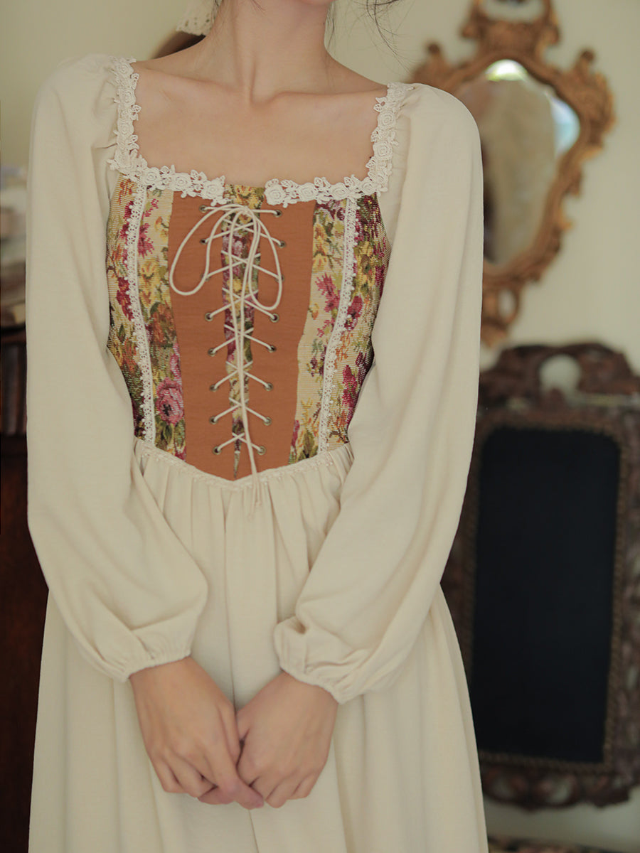 Rustic Rose Lace Up Corset Midi Dress (Pink/Cream)