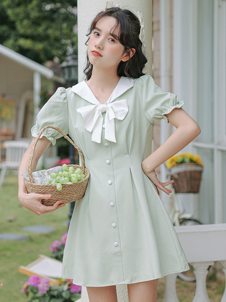 Sweet Sailor Button Mini Dress (Green)