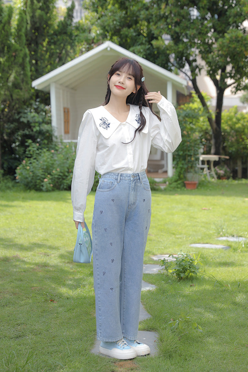 Doodle Hearts Embroidered Jeans (Light Denim)