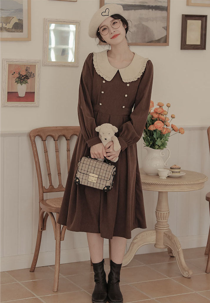 Corduroy Suede Peter Pan Midi Dress (3 Colors)