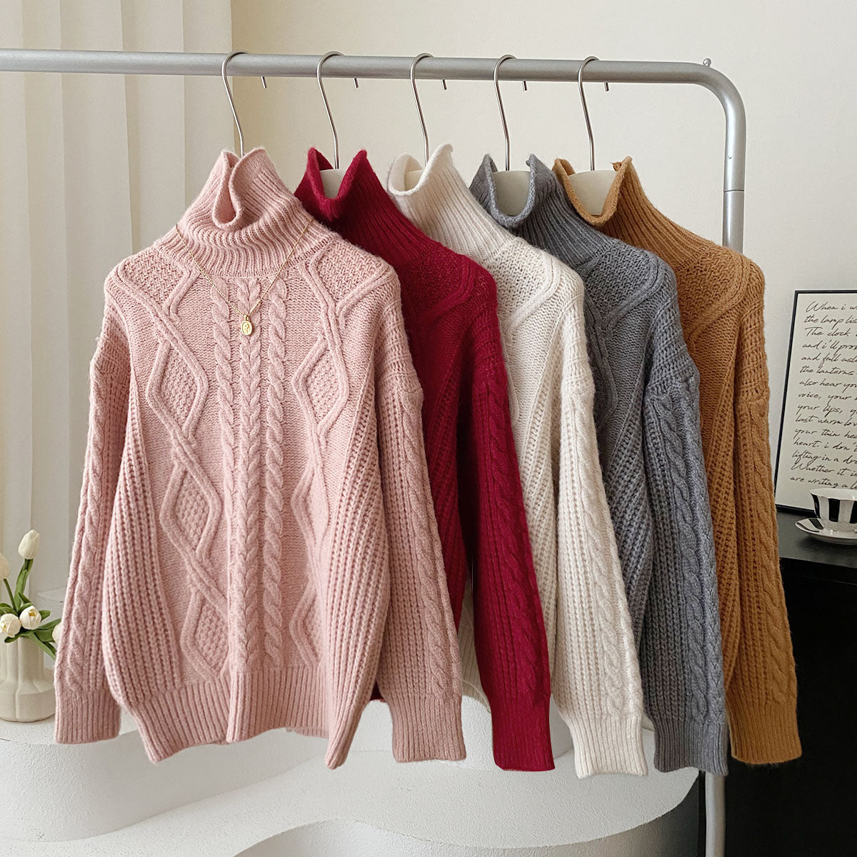 Cable Knit Turtleneck Sweater (5 Colors)
