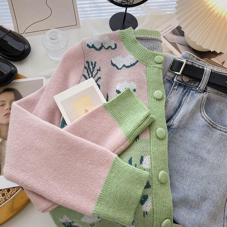 Country Sheep Cardigan (Pink/Green)