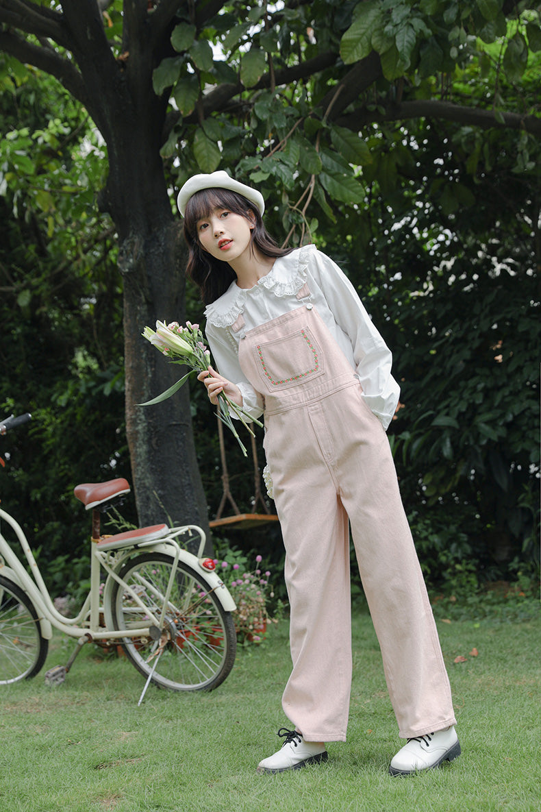 Daisy Chain Embroidered Denim Overalls (Pink)