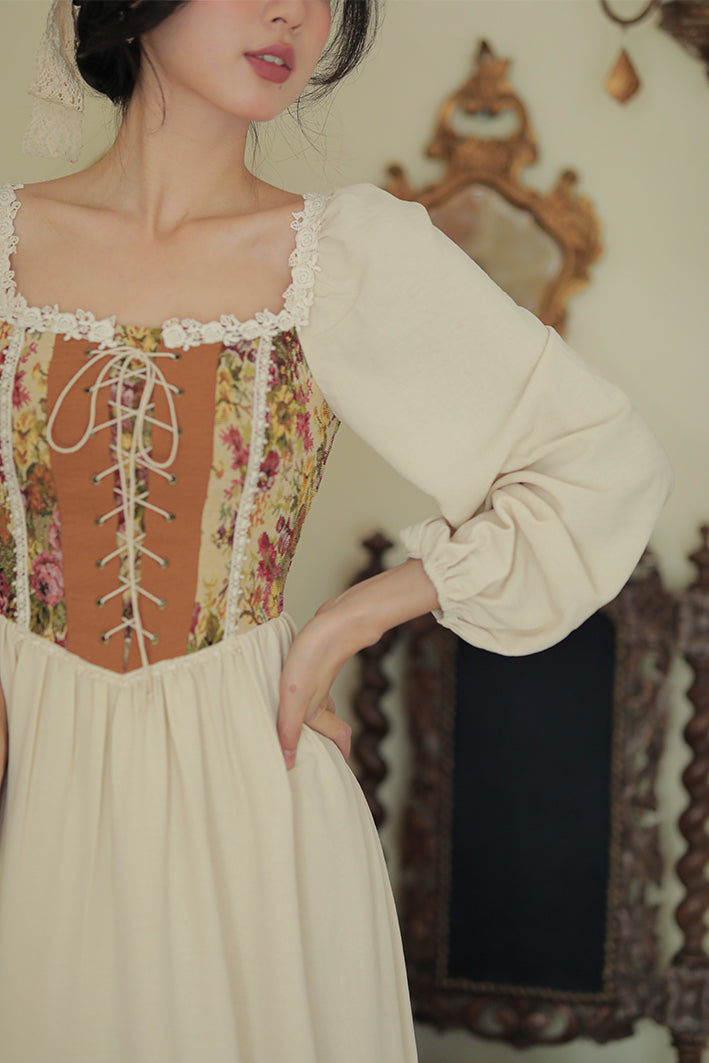 Rustic Rose Lace Up Corset Midi Dress (Pink/Cream)