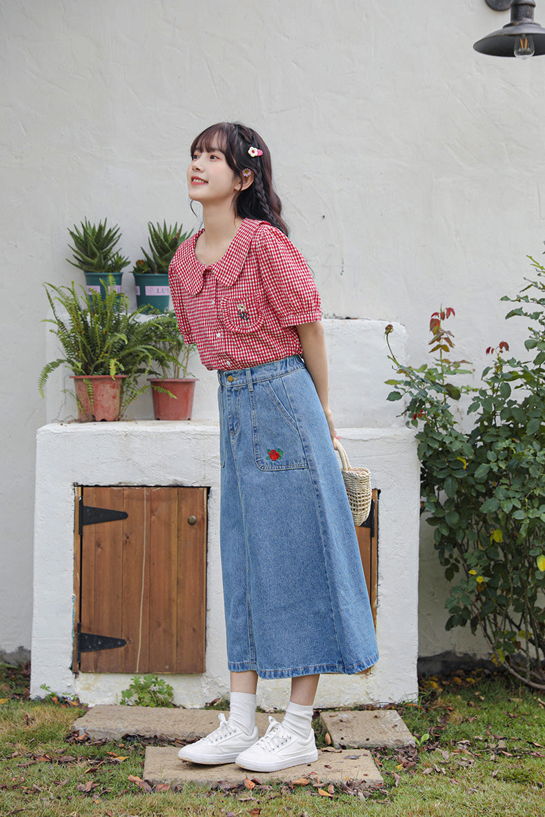 Daisy Pocket Gingham Blouse (Red)