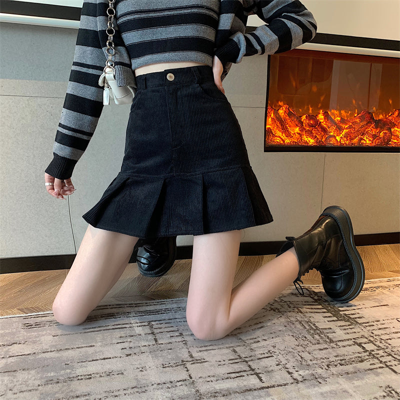 Corduroy Mermaid Pleated Skirt (2 Colors)