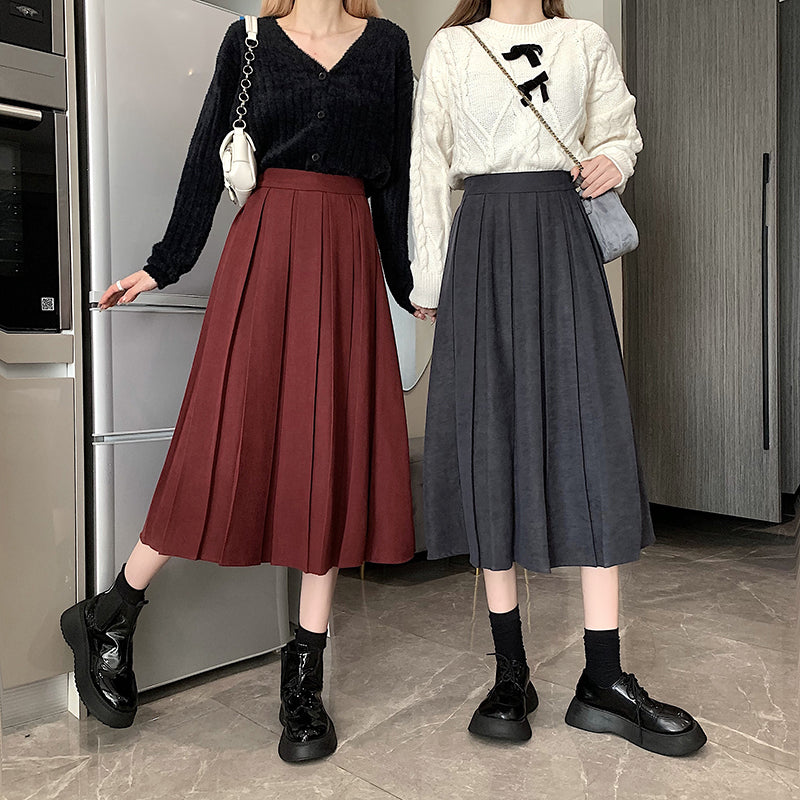 Corduroy Suede Pleated Midi Skirt (6 Colors)