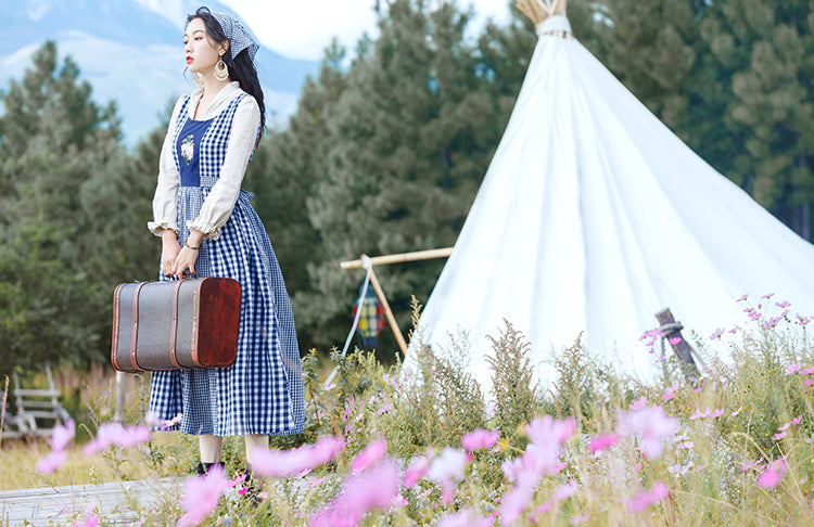 Gingham Pastures Twofer Midi Dress (Blue/White)