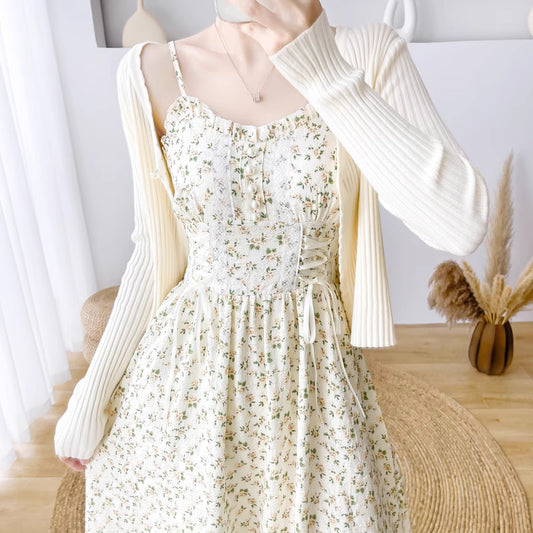 Spring Rose Lace Up Cami Dress (Cream)