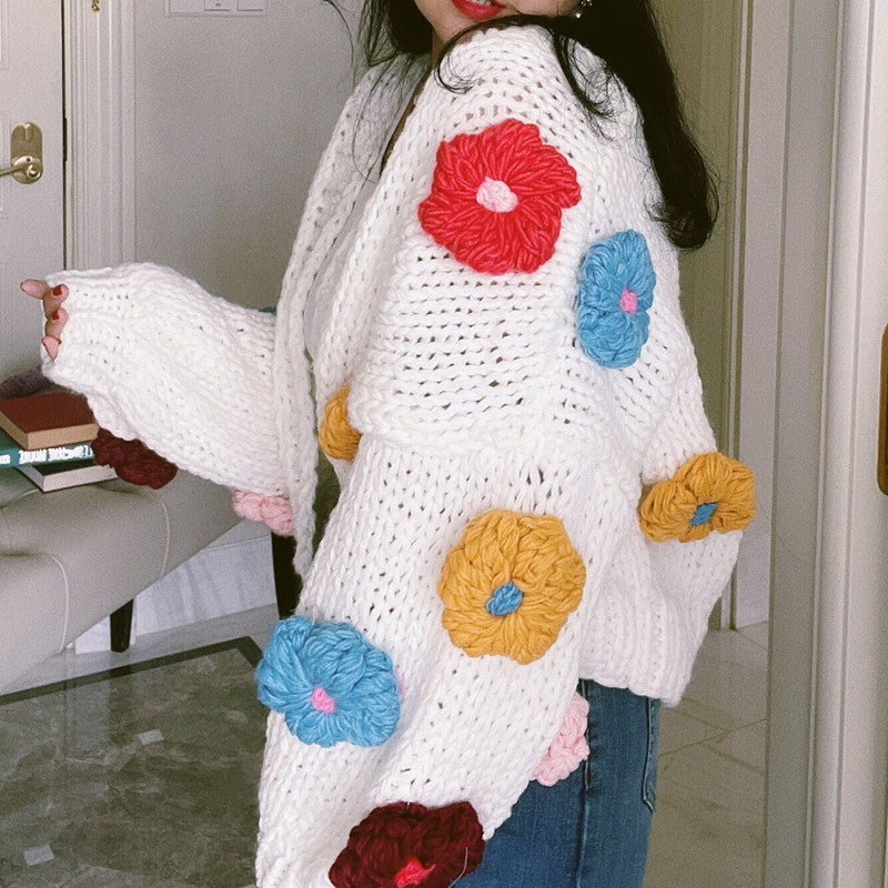Chunky Daisy Cropped Cardigan (White/Multi)