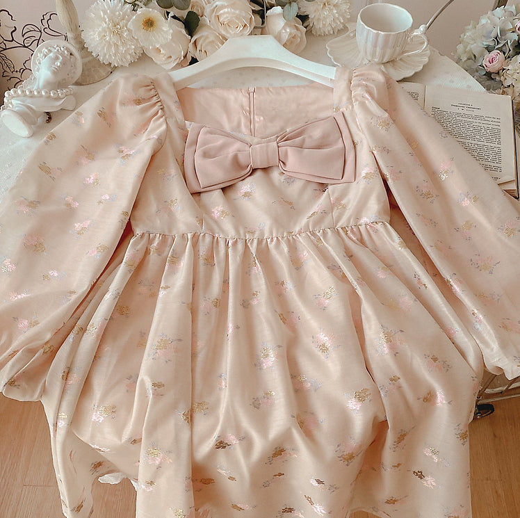 Puff Sleeve Bow Floral Jacquard Dress (Beige)