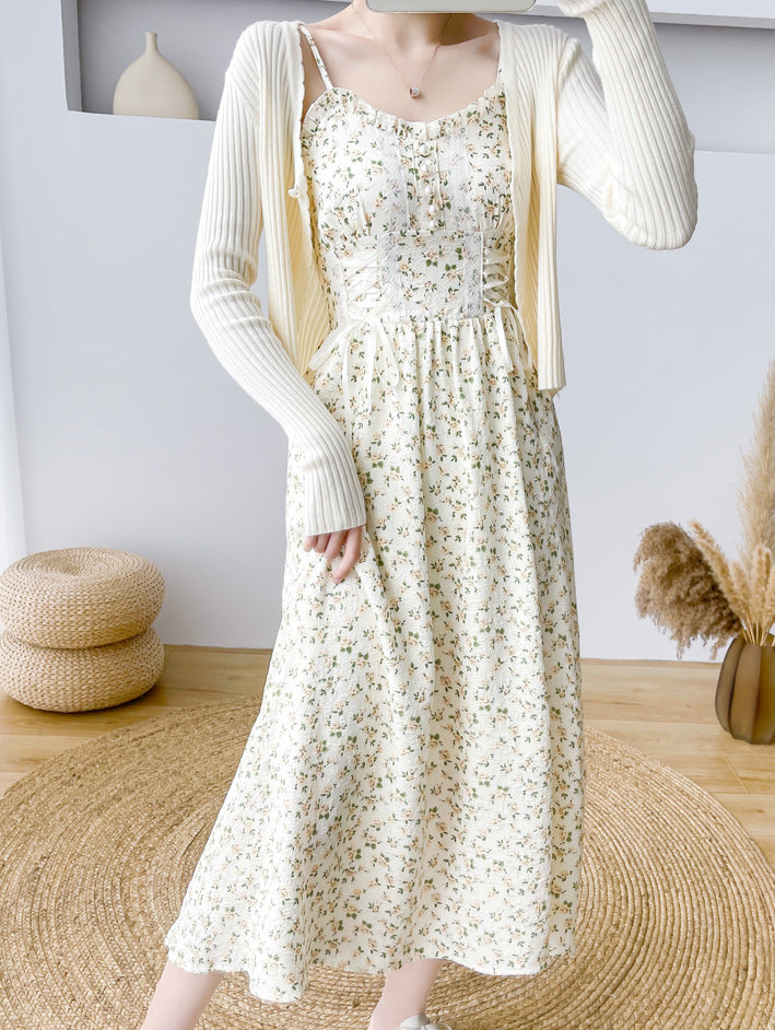 Spring Rose Lace Up Cami Dress (Cream)