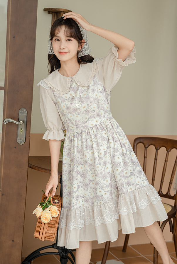 Daisy Maiden Midi Dress (Beige/Lilac)