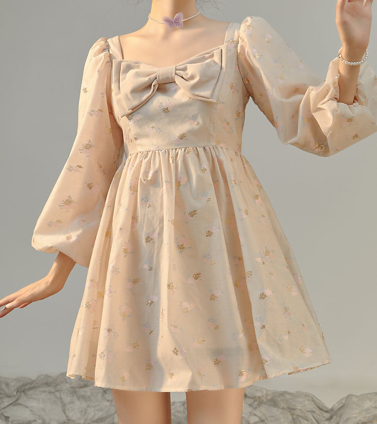Puff Sleeve Bow Floral Jacquard Dress (Beige)