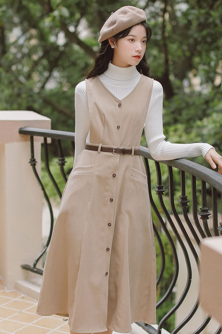 Button Up Suede Pinafore Dress (4 Colors)