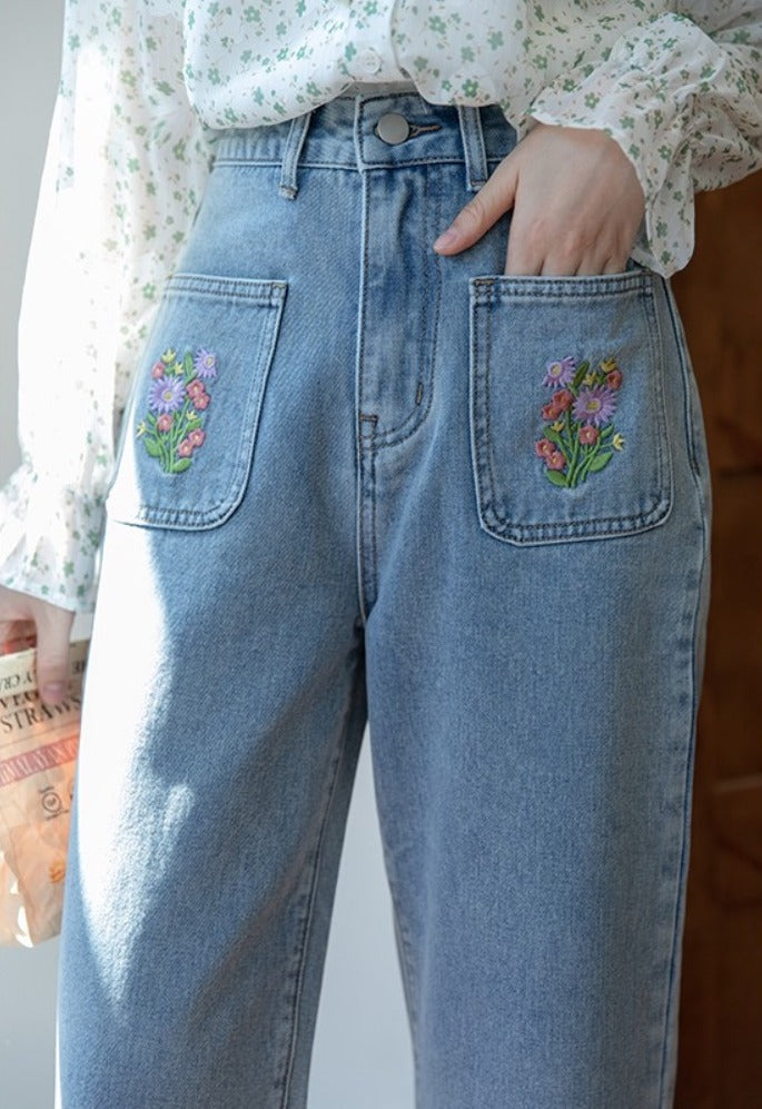 Embroidered Floral Pocket Jeans (Light Denim)