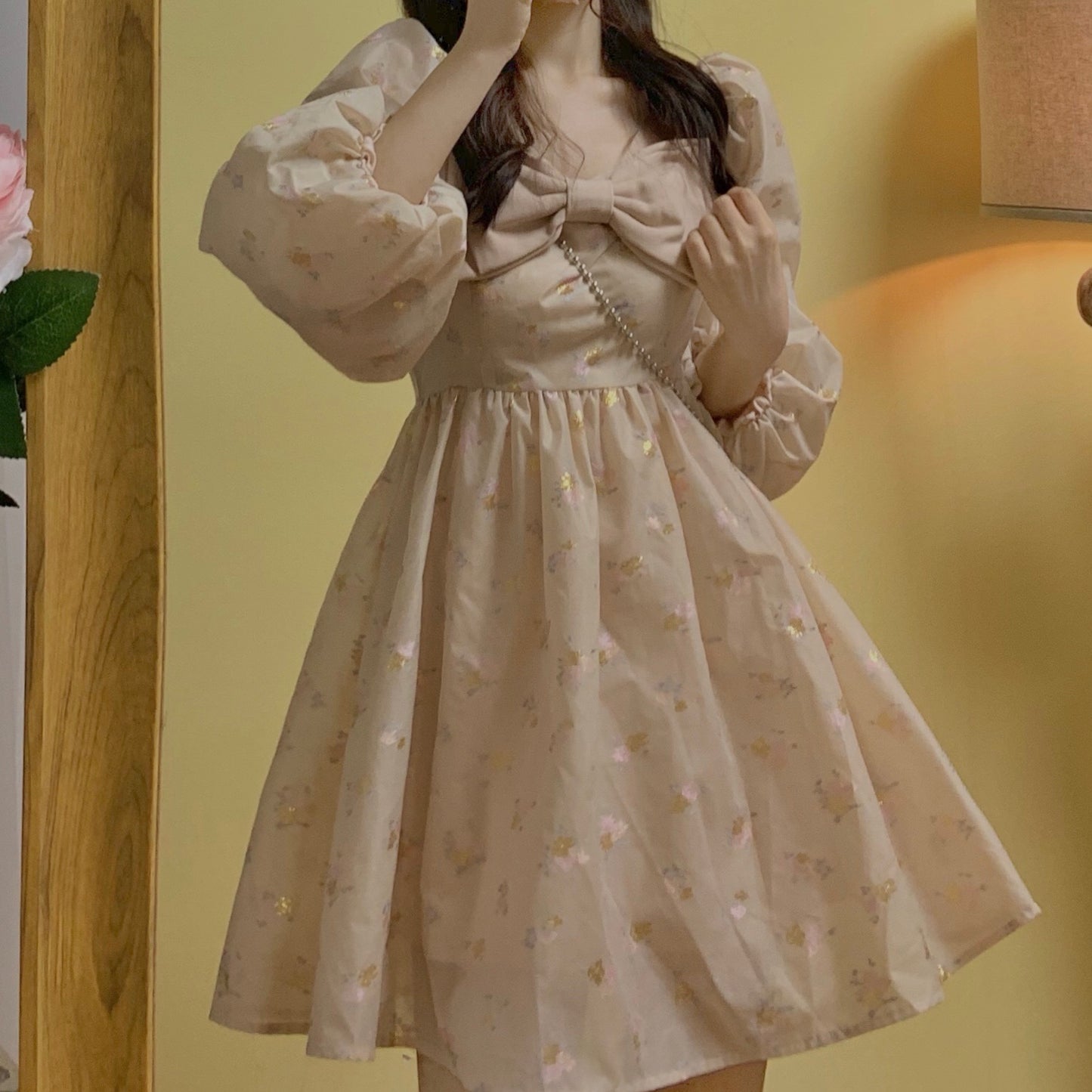Puff Sleeve Bow Floral Jacquard Dress (Beige)