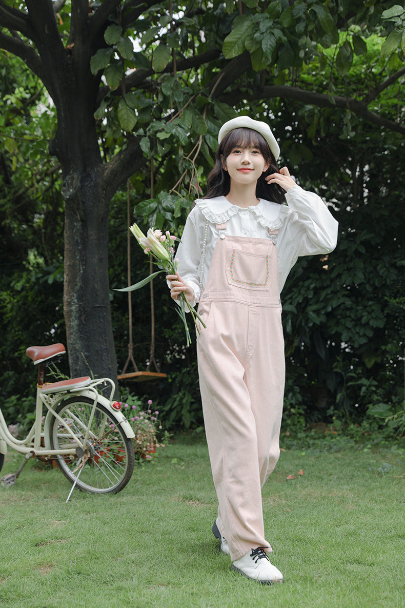 Daisy Chain Embroidered Denim Overalls (Pink)