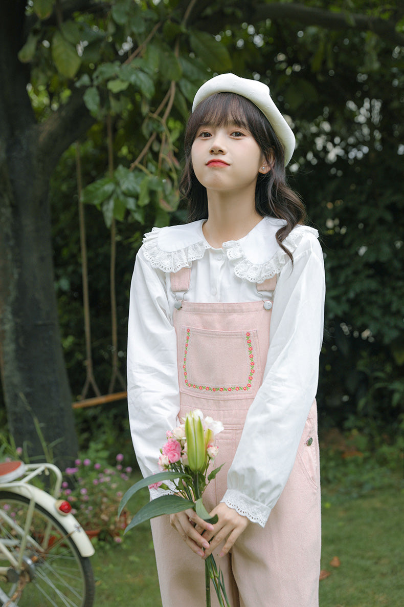 Daisy Chain Embroidered Denim Overalls (Pink)