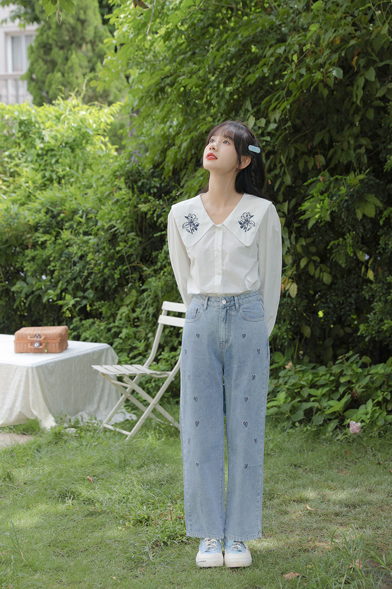 Doodle Hearts Embroidered Jeans (Light Denim)
