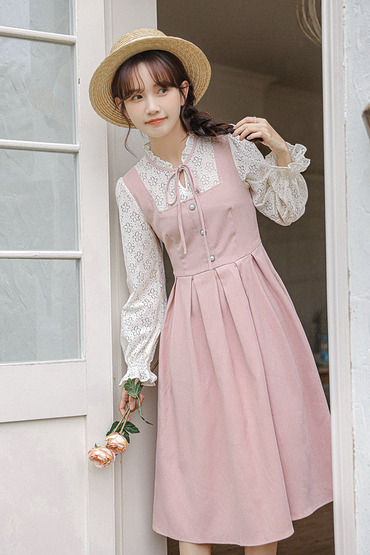 Floral Lace Twofer Midi Dress (Pink/White)
