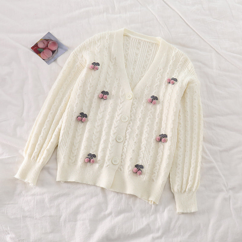 Cherry Pom Pom Cardigan (4 Colors)