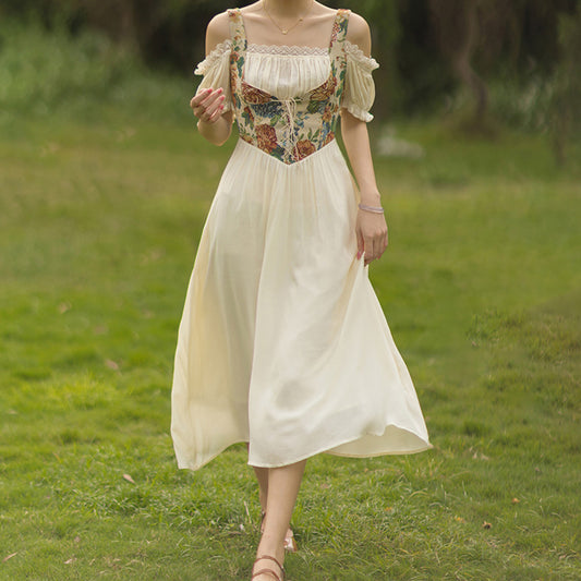 Rustic Floral Corset Twofer Dress (Cream)