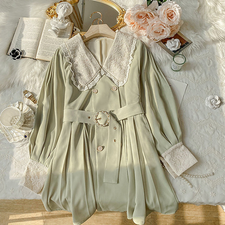 Matcha Peter Pan Pleated Dress (Green)