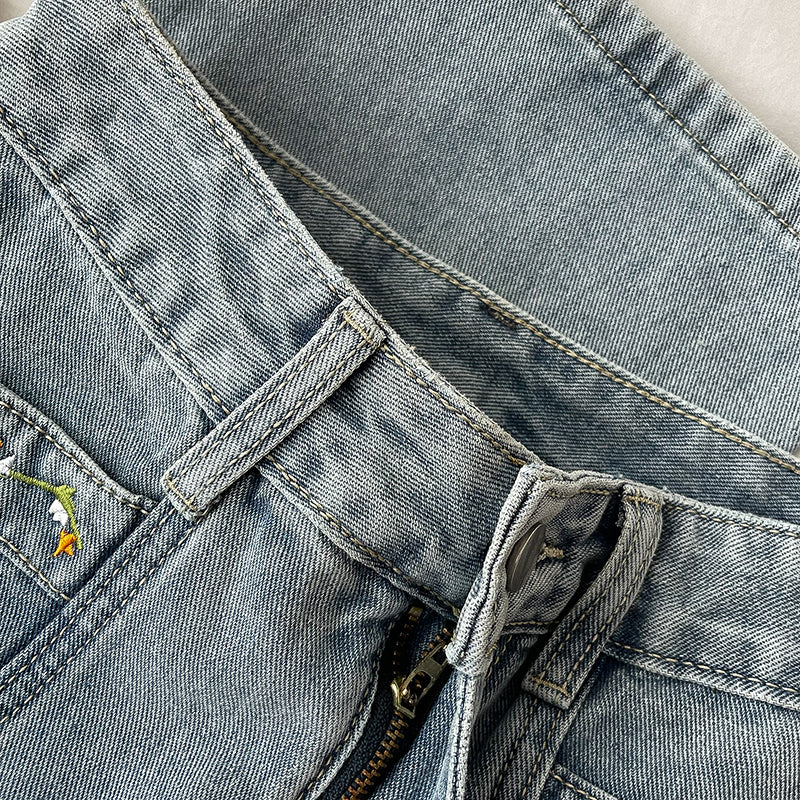 Embroidered Flower Vines Jeans (Light Denim)