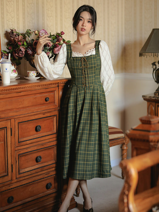 Rustic Plaid Lace Up Corset Midi Dress (Green)